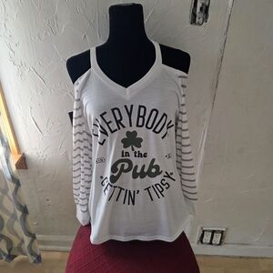 White Cold Shoulder St. Patrick's Day Pub Graphic Top Never Worn